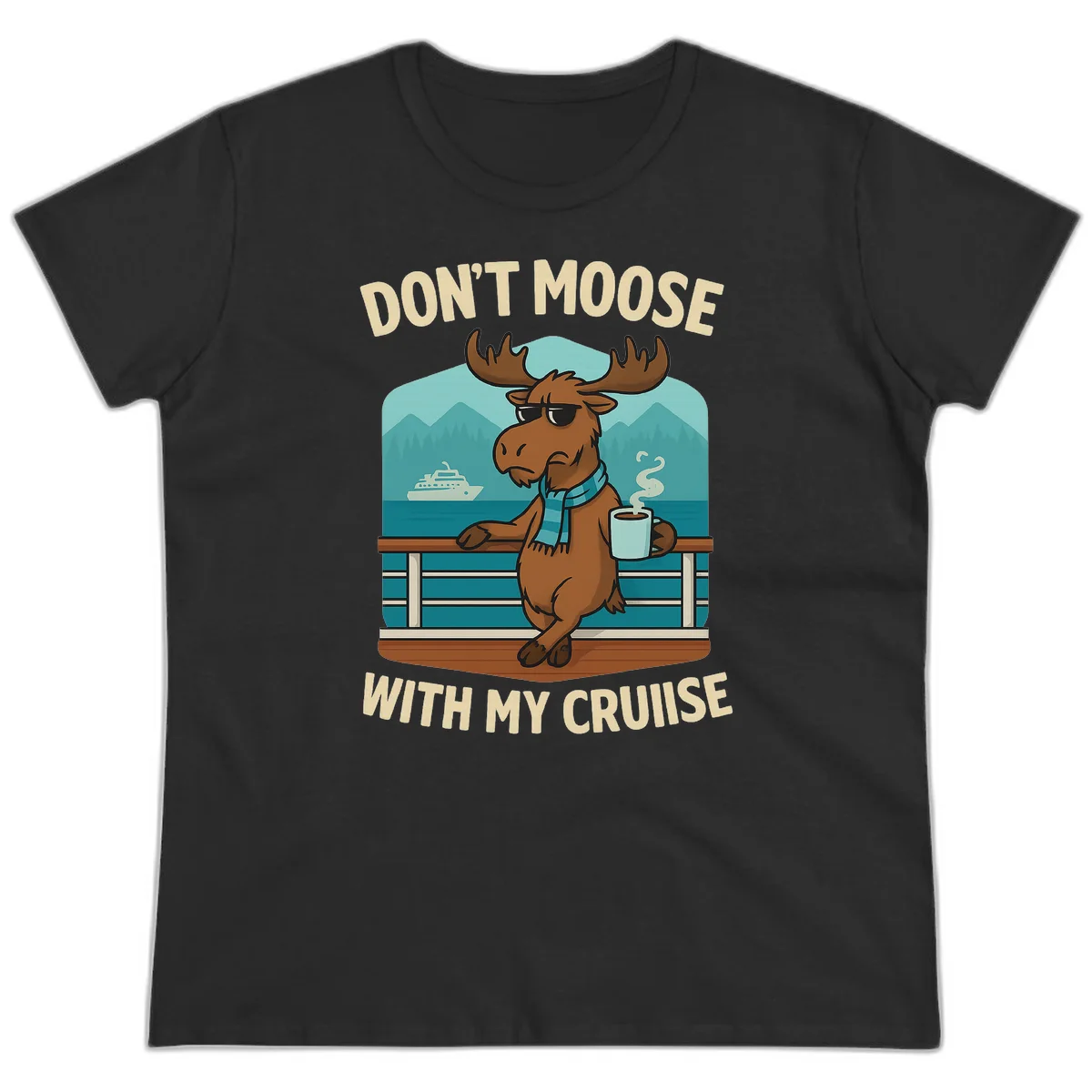 A08 Moose Cruise Pun Ladies Tee in Black